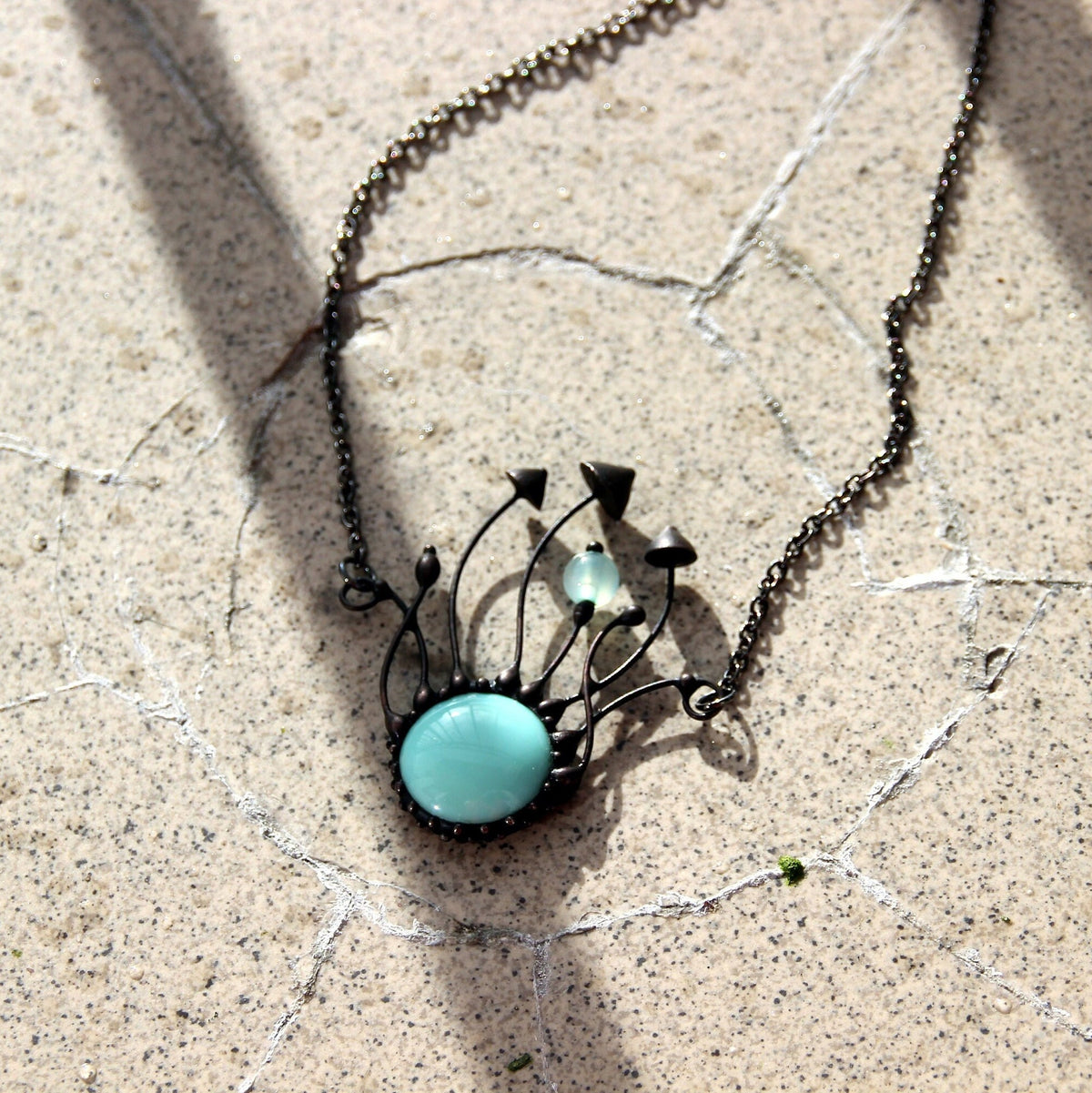 Blue Glass Mushroom Necklace – Blackened Copper Forest Pendant – Psychedelic Botanical