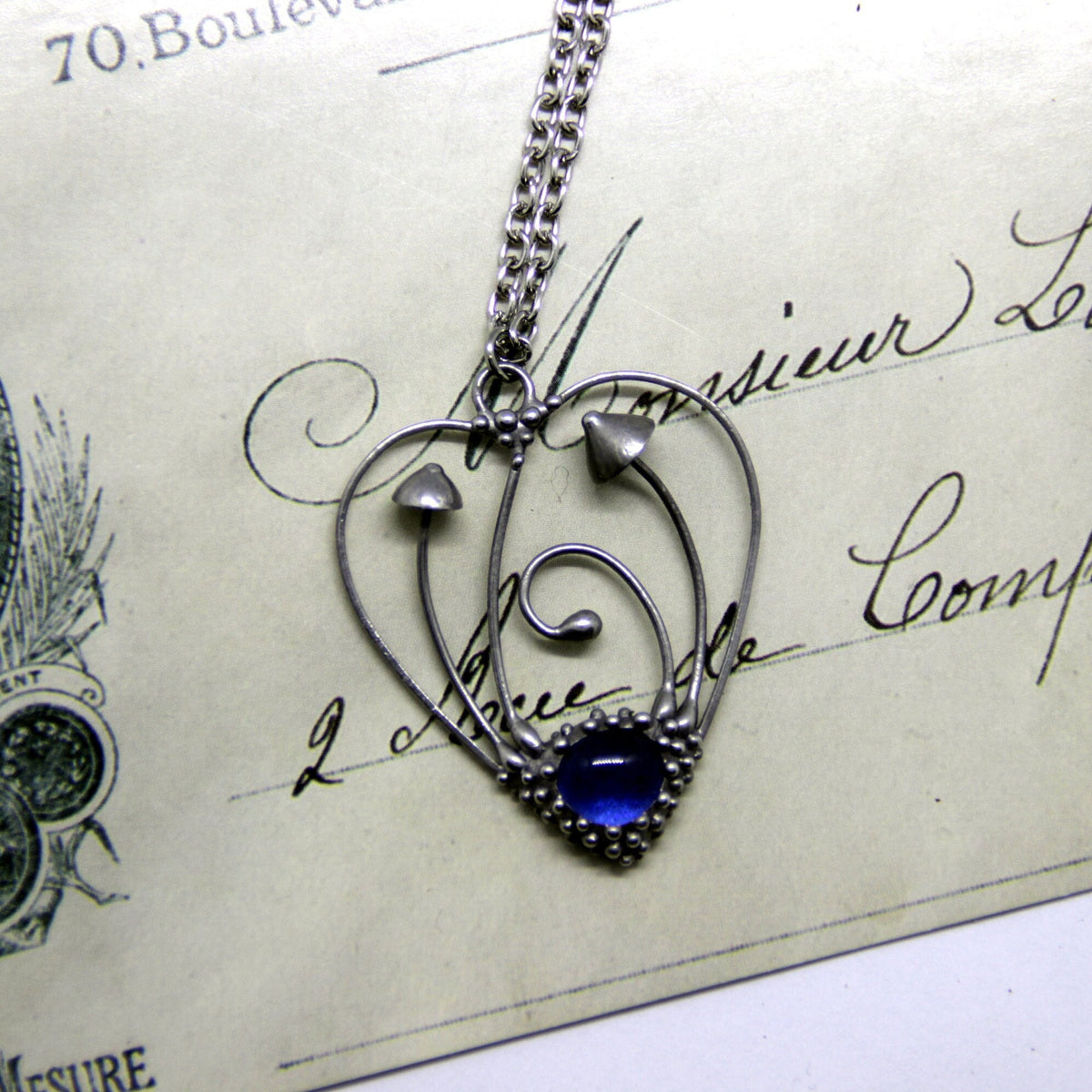 Blue Glass Mushroom Heart Necklace – Silver Tone
