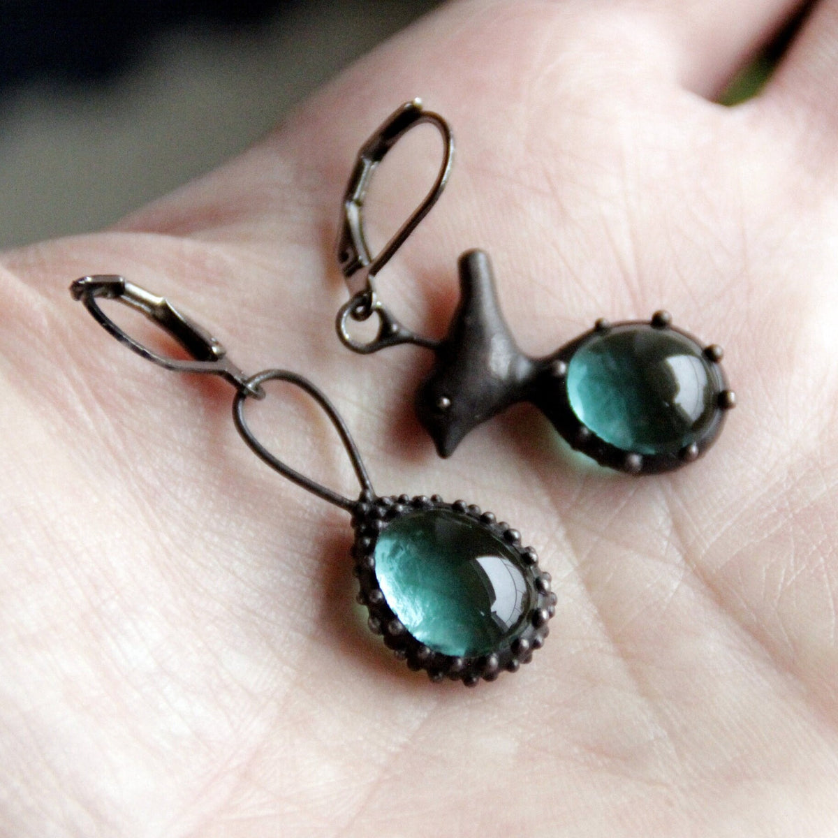 Blue Glass Asymmetrical Bird Earrings – Blackened Copper