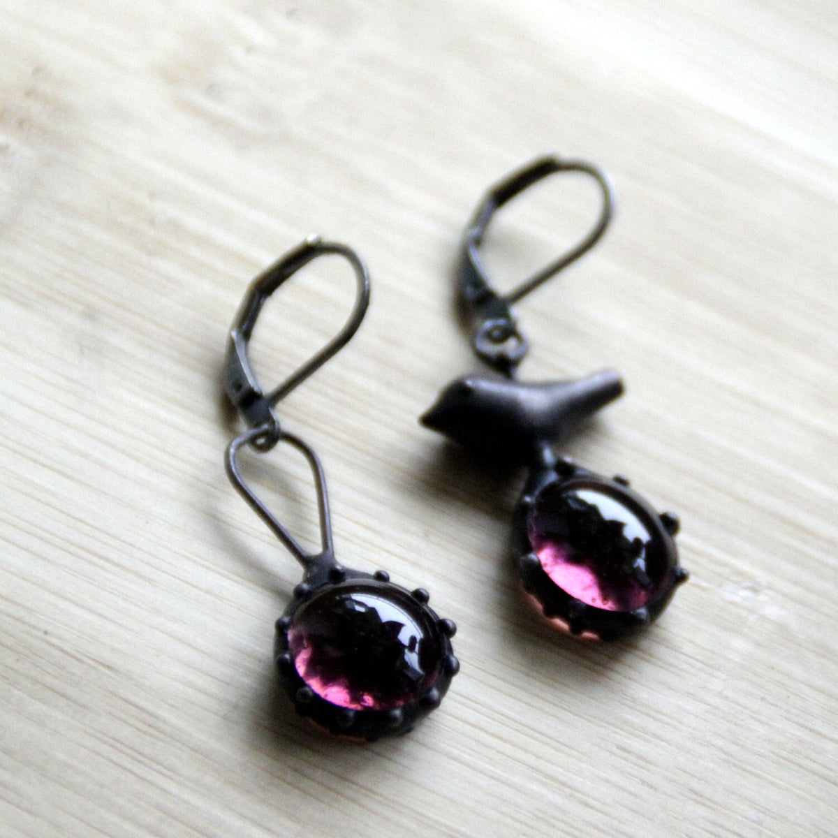 Purple Glass Asymmetrical Bird Earrings – Blackened Copper