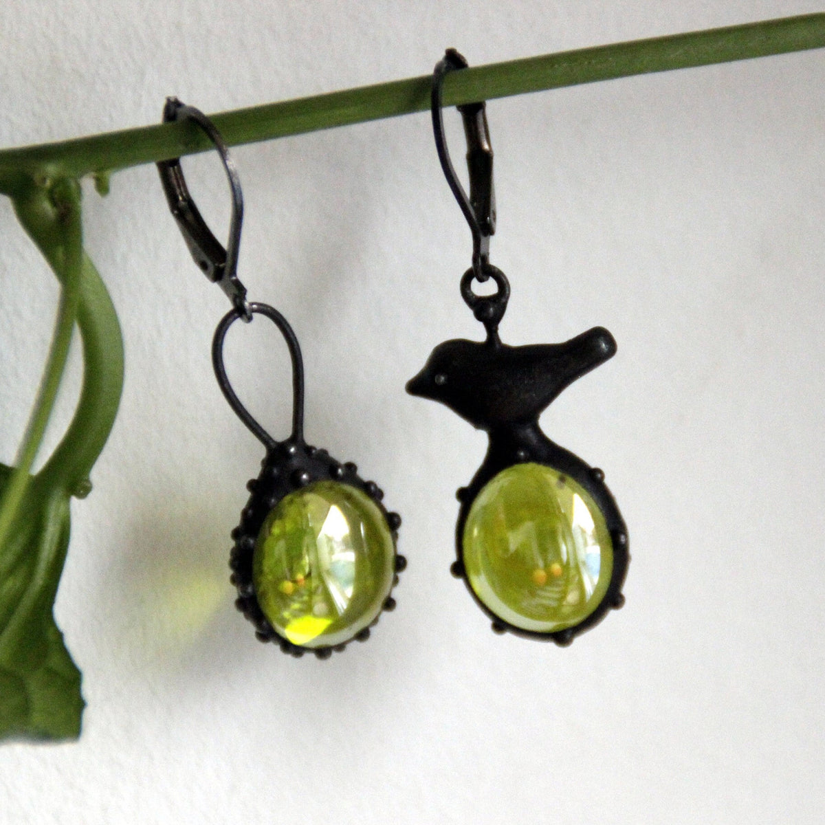 Green Glass Asymmetrical Bird Earrings – Blackened Copper