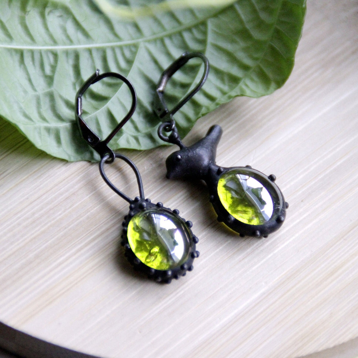 Green Glass Asymmetrical Bird Earrings – Blackened Copper