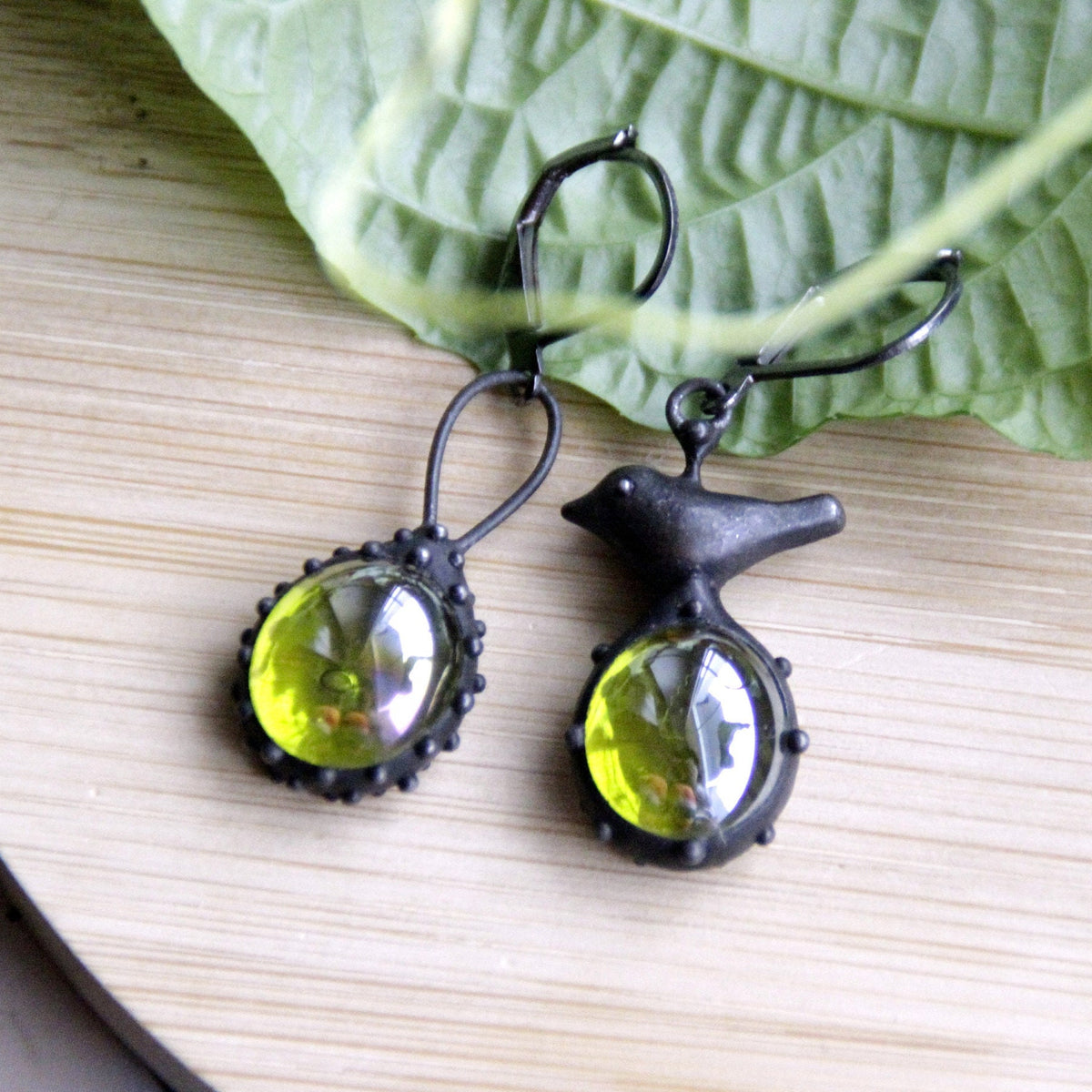 Green Glass Asymmetrical Bird Earrings – Blackened Copper