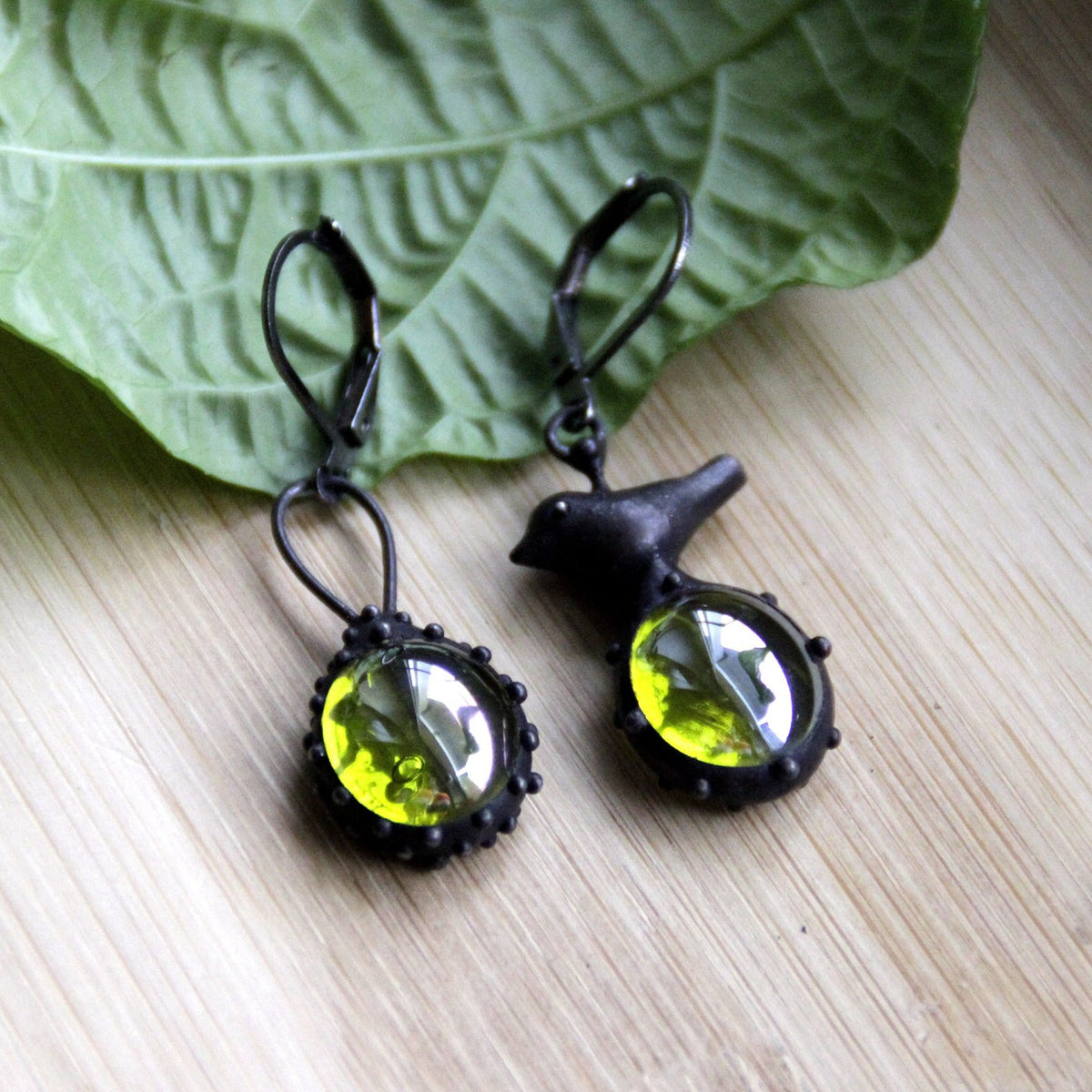 Green Glass Asymmetrical Bird Earrings – Blackened Copper