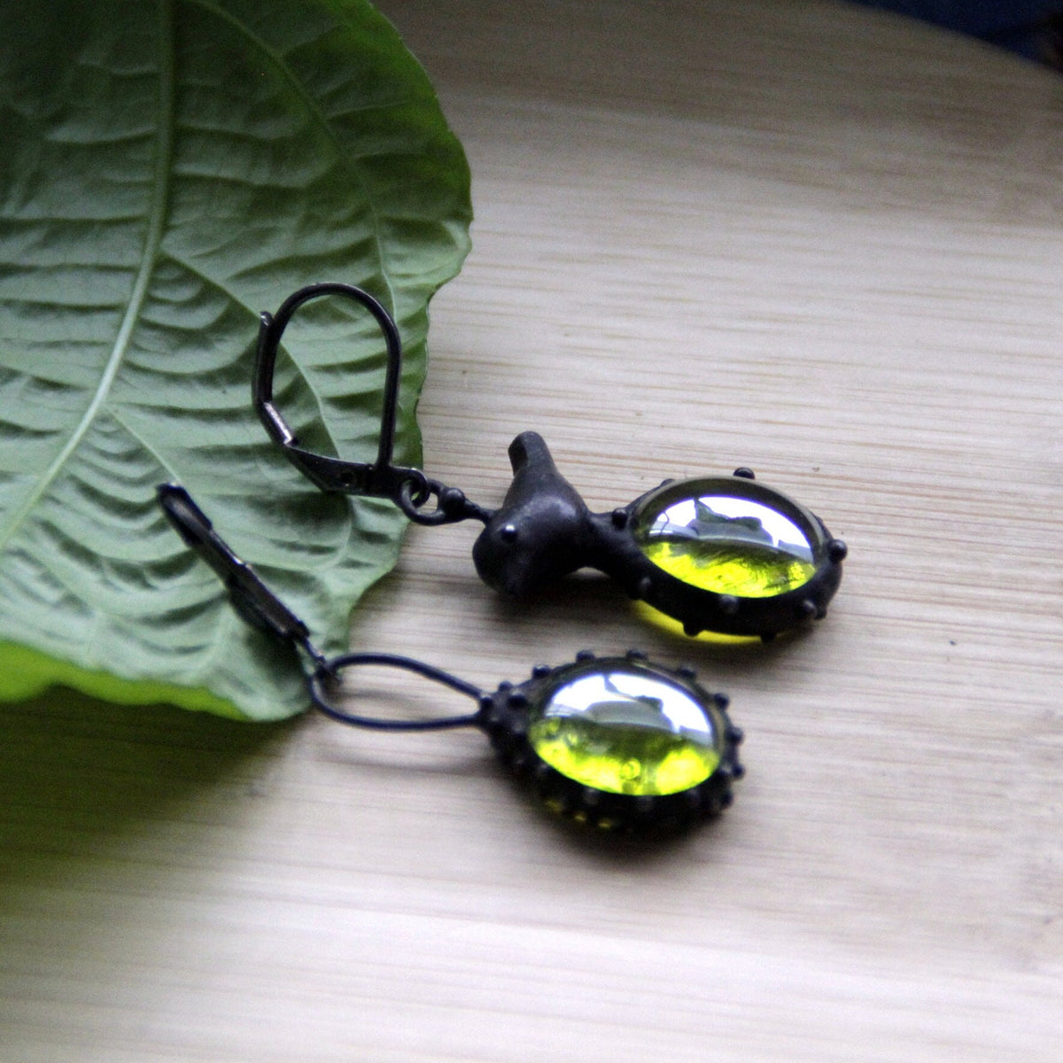Green Glass Asymmetrical Bird Earrings – Blackened Copper
