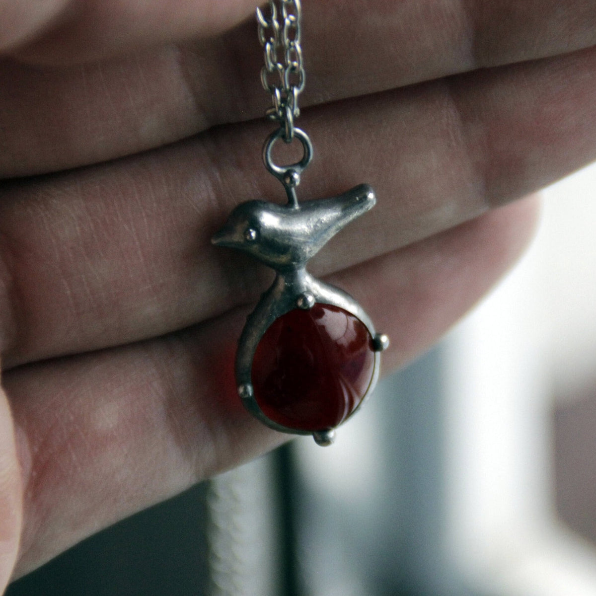 Red Glass Bird Necklace – Silver Tone