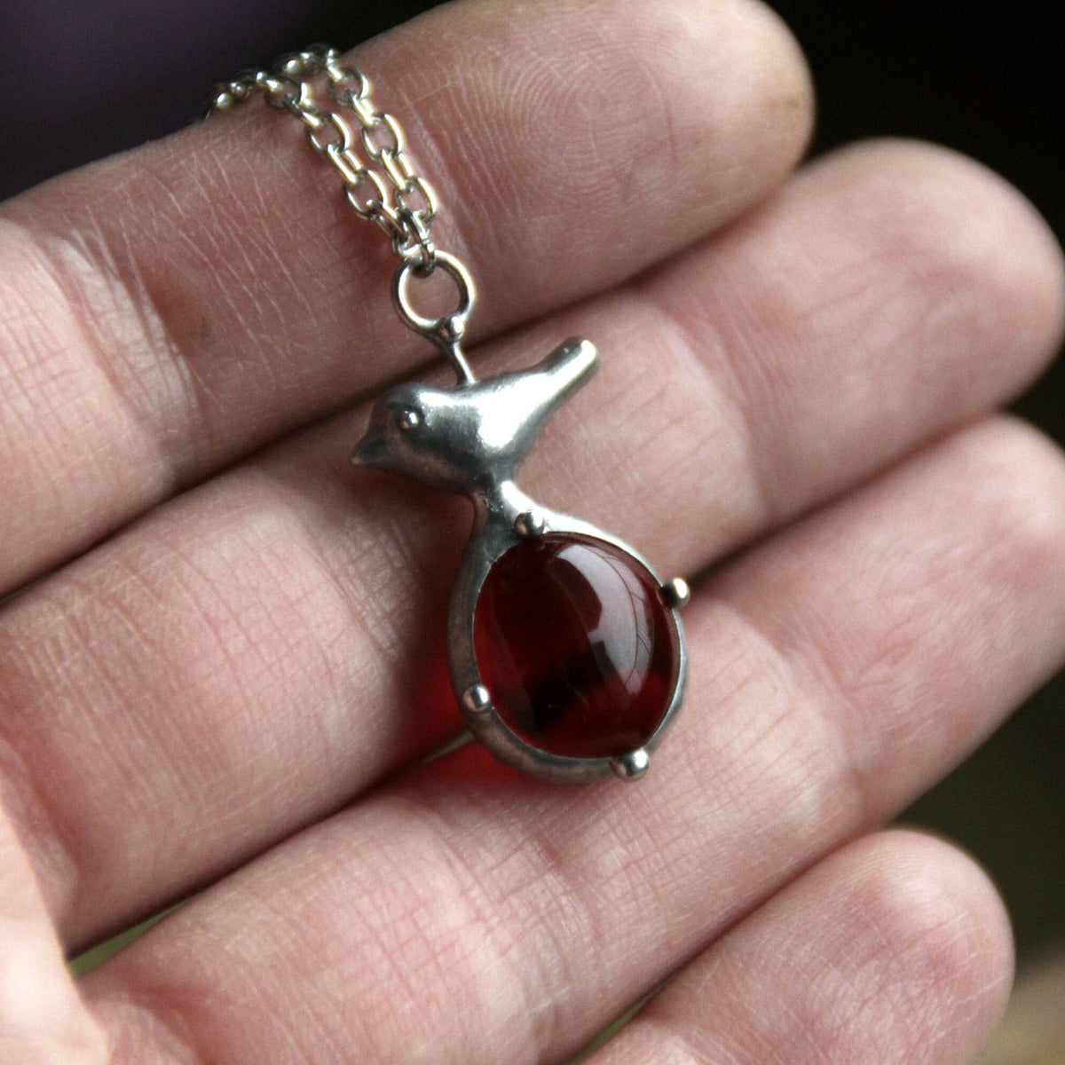 Red Glass Bird Necklace – Silver Tone
