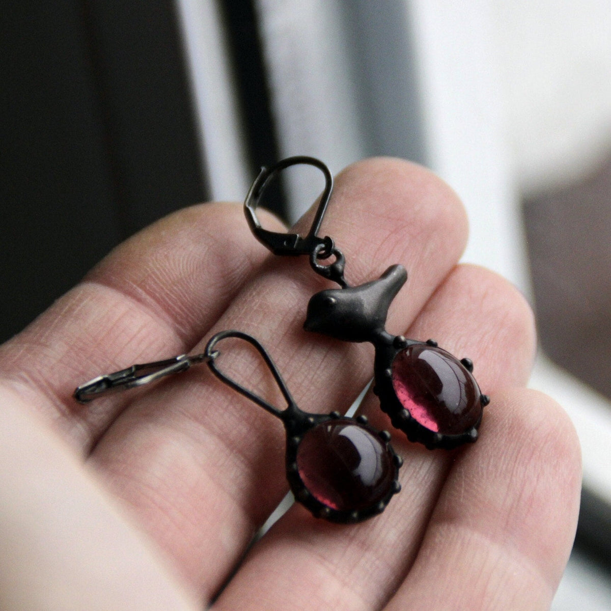 Purple Glass Asymmetrical Bird Earrings – Blackened Copper