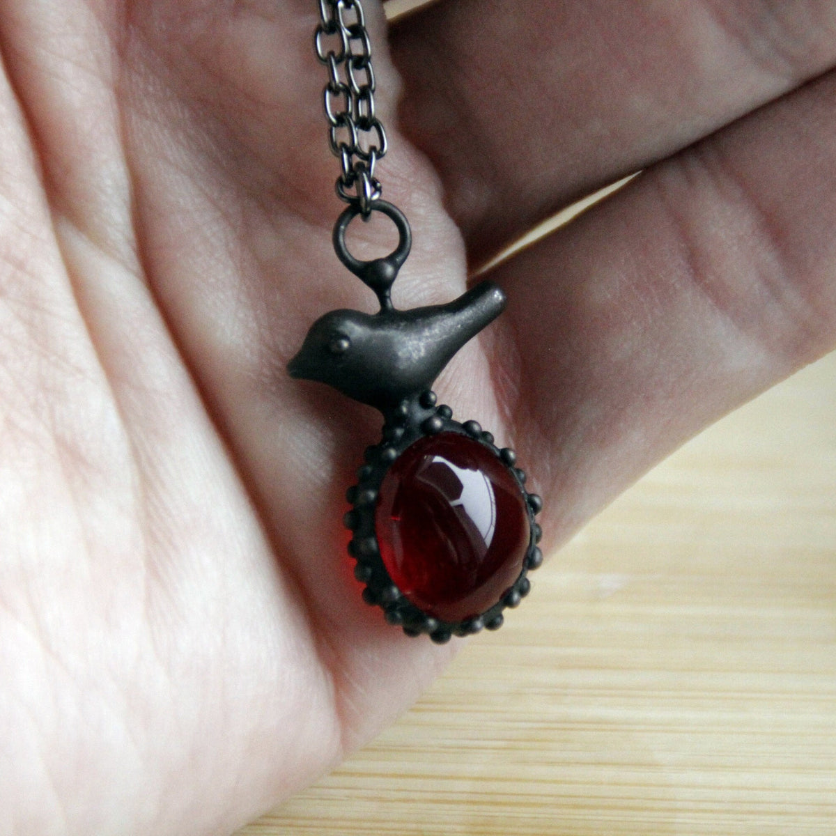 Red Glass Bird Necklace – Blackened Copper & Pewter Raindrop Pendant – Forest