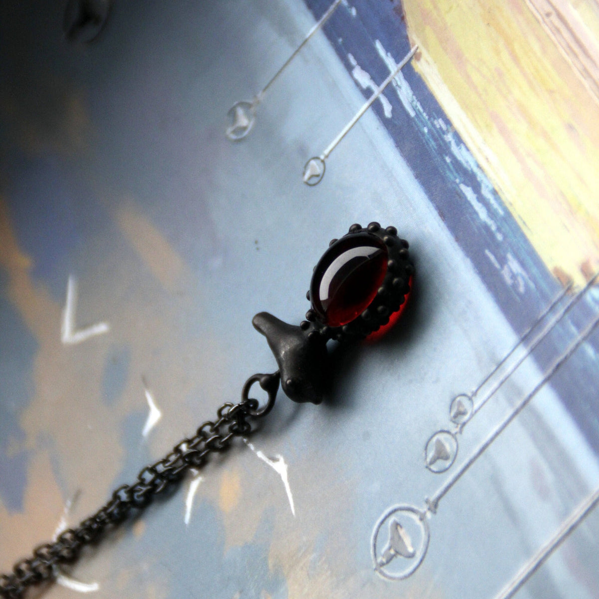 Red Glass Bird Necklace – Blackened Copper & Pewter Raindrop Pendant – Forest