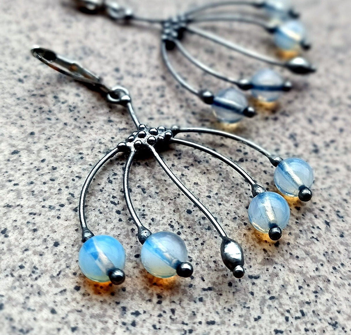 Blue Glass Branch Earrings – Silver Tone