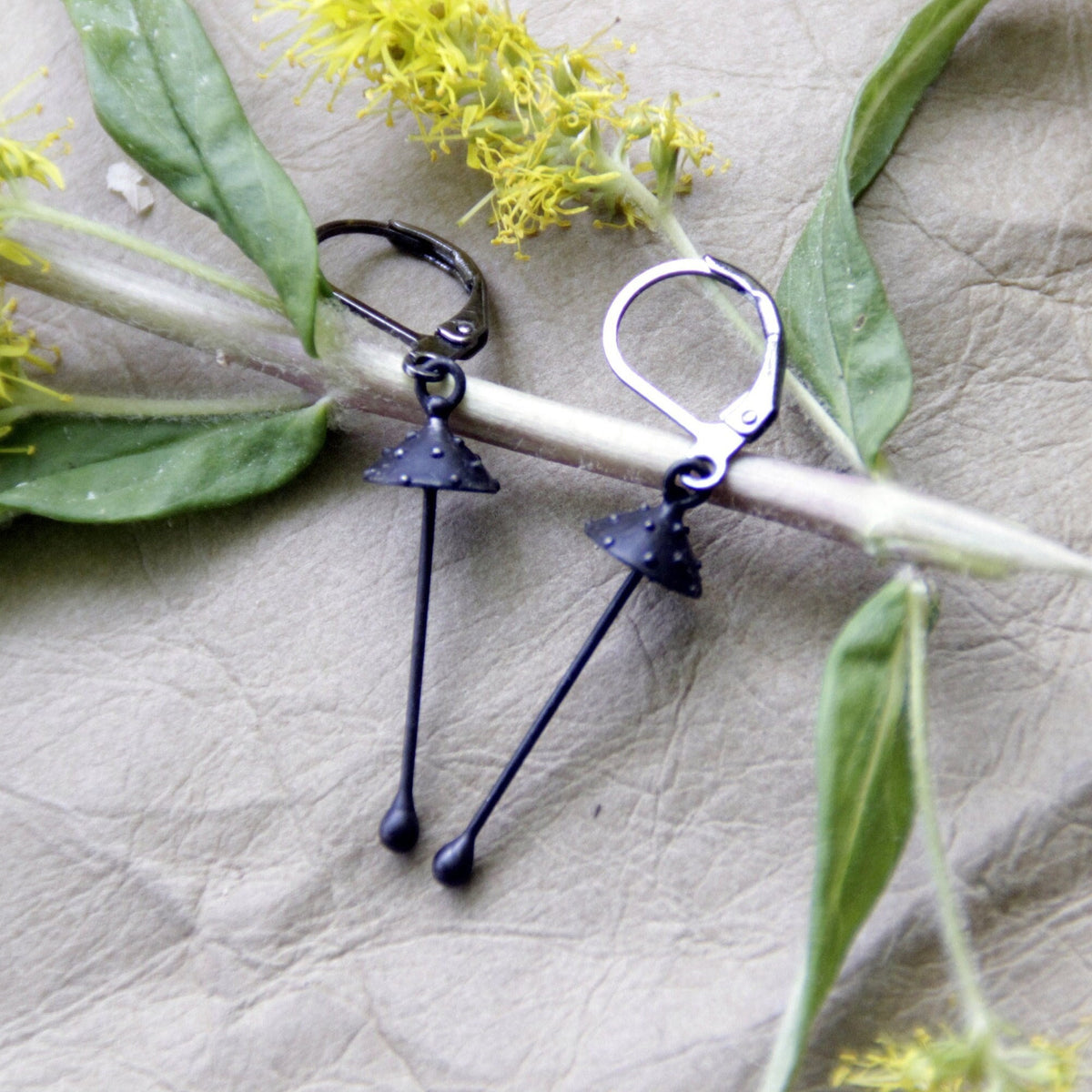 Black Amanita Mushroom Earrings – Copper & Pewter Long Stem Dangles – Forest Witch
