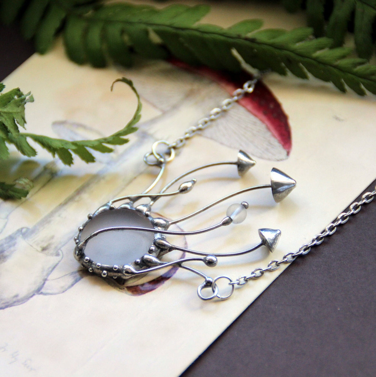 Frosted Glass Mushroom Necklace – Silver Tone