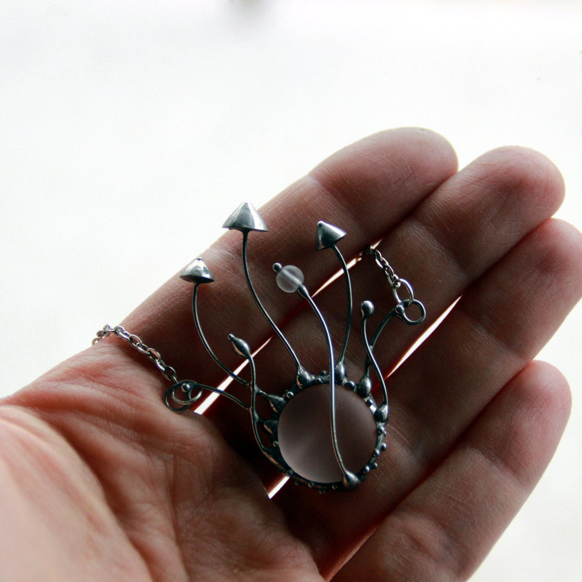 Frosted Glass Mushroom Necklace – Silver Tone