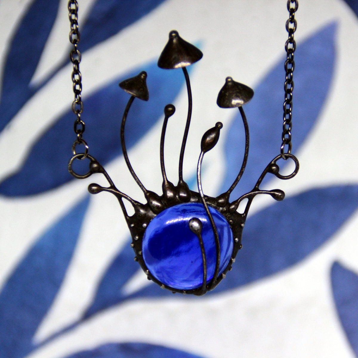 Blue Glass Mushroom Necklace – Blackened Copper Forest Centerpiece – Botanical