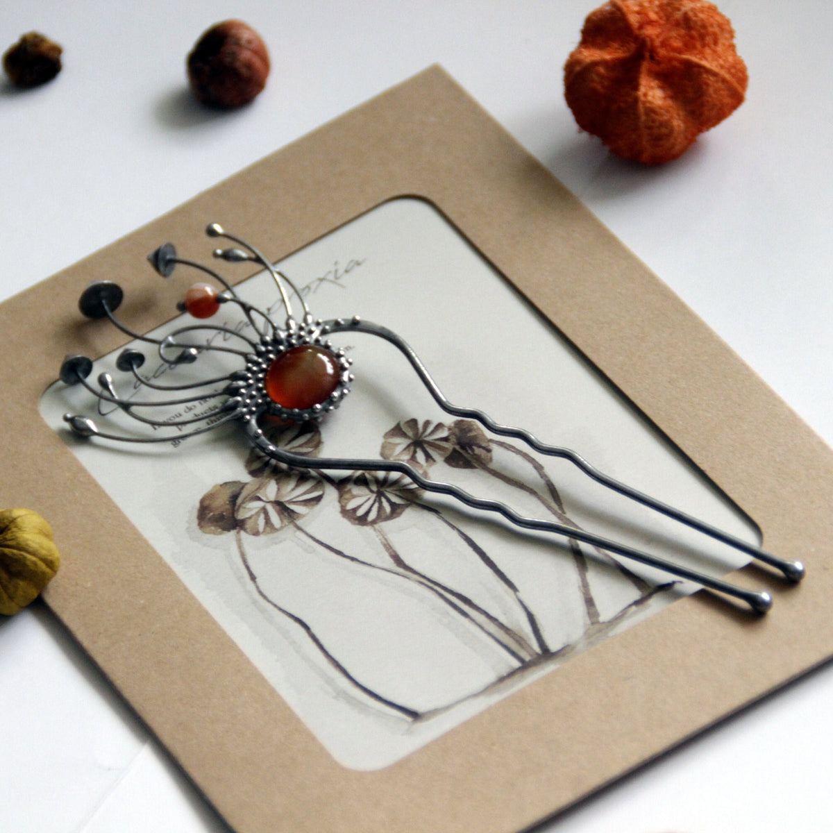 Brown Agate Mushroom Hair Pin – Silver Tone