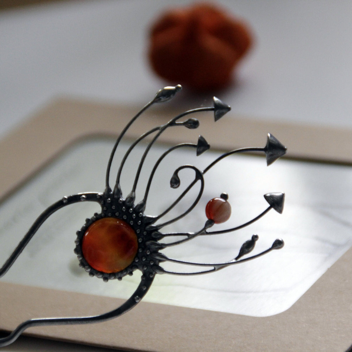 Brown Agate Mushroom Hair Pin – Silver Tone