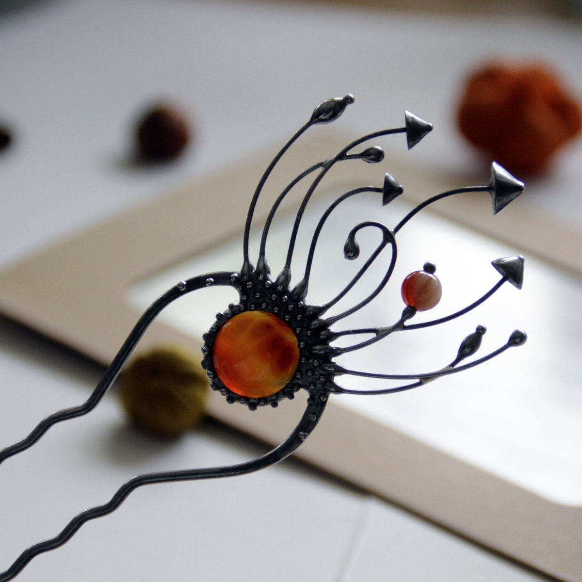 Brown Agate Mushroom Hair Pin – Silver Tone