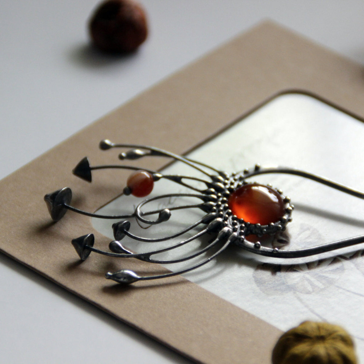 Brown Agate Mushroom Hair Pin – Silver Tone