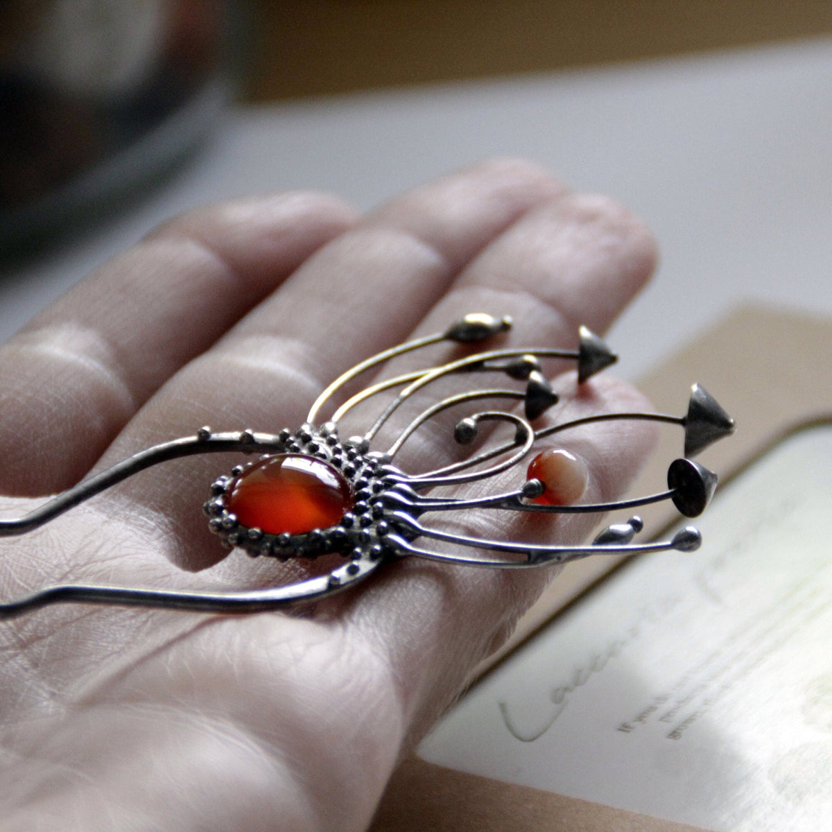 Brown Agate Mushroom Hair Pin – Silver Tone