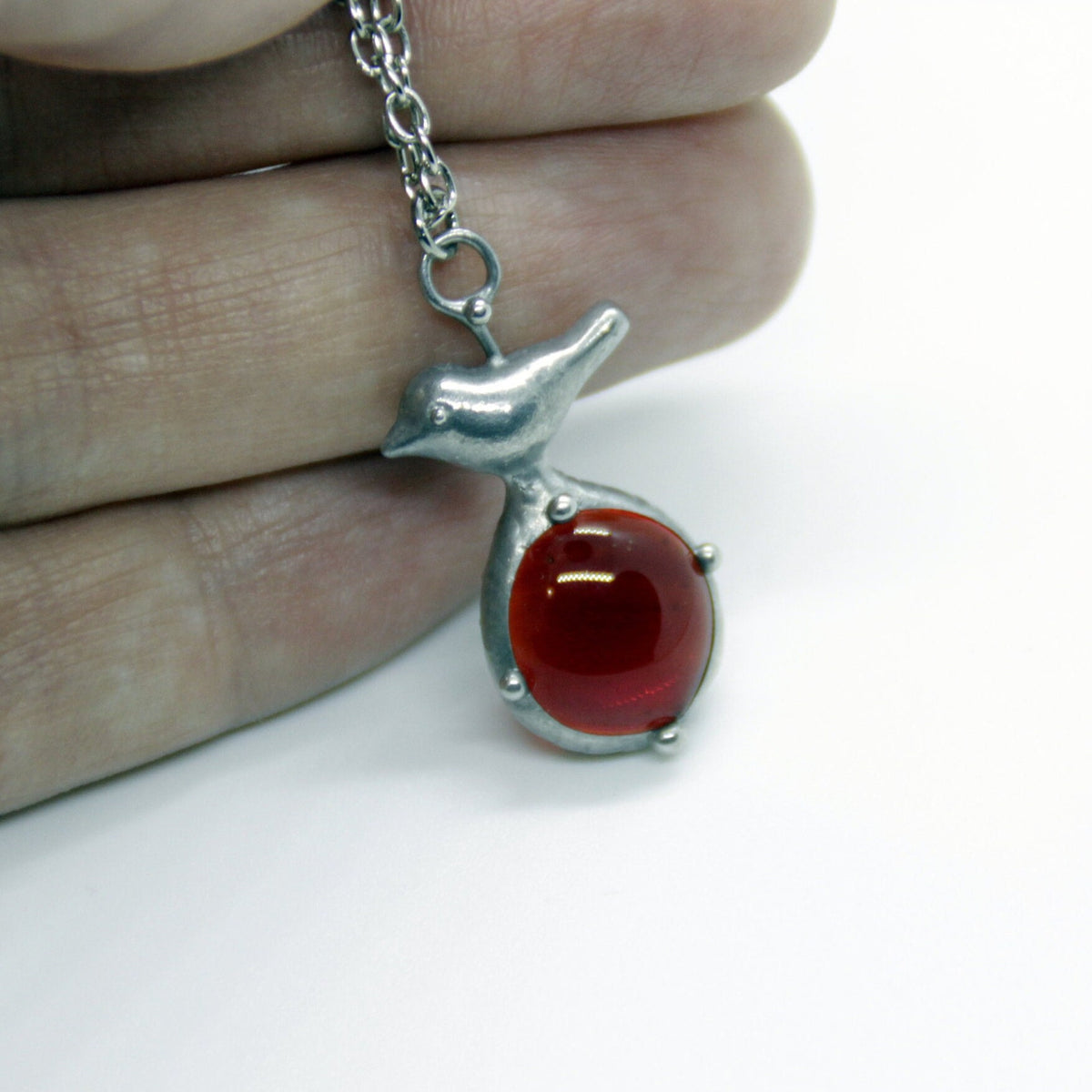 Red Glass Bird Necklace – Silver Tone