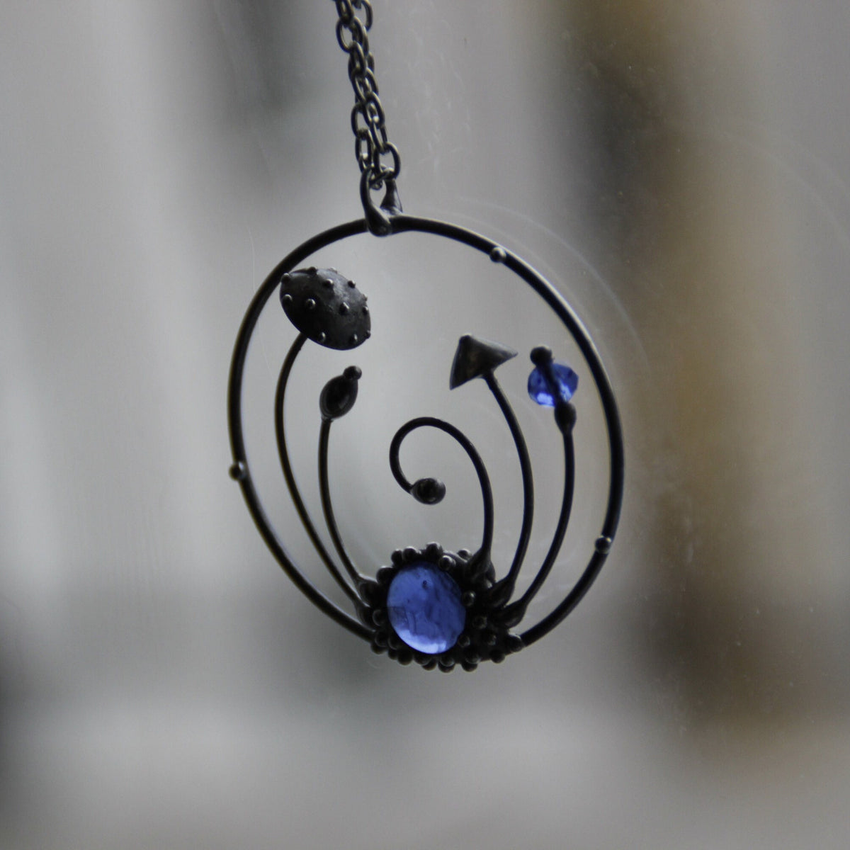 Blue Stained Glass Amanita Mushroom Circle Necklace – Silver Tone