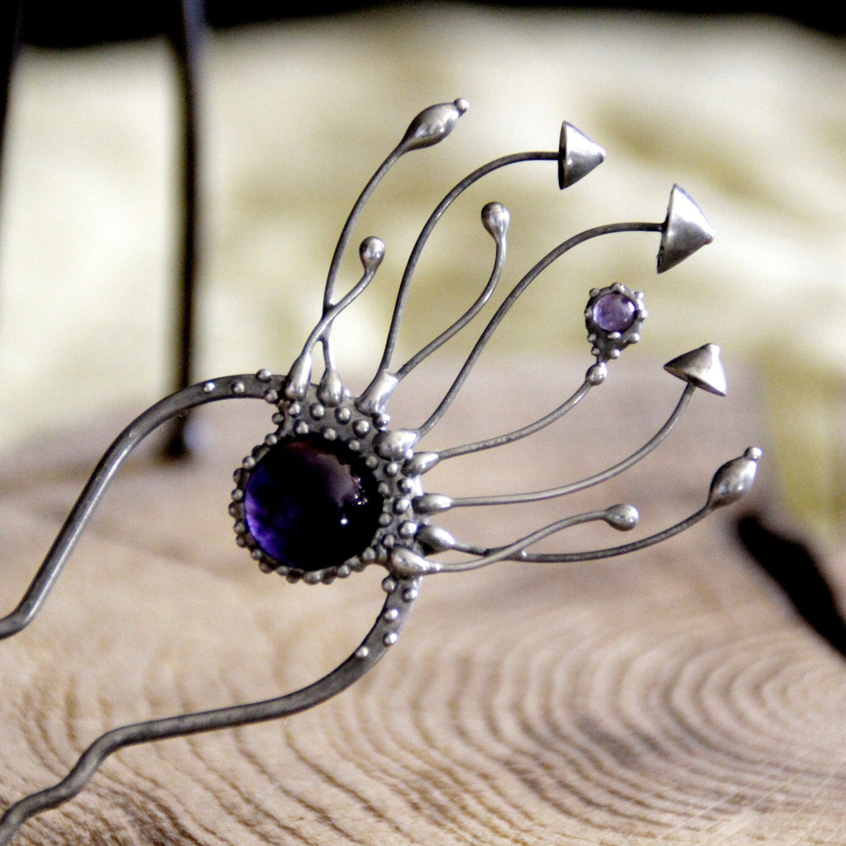 Amethyst Mushroom Hair Pin – Silver Tone