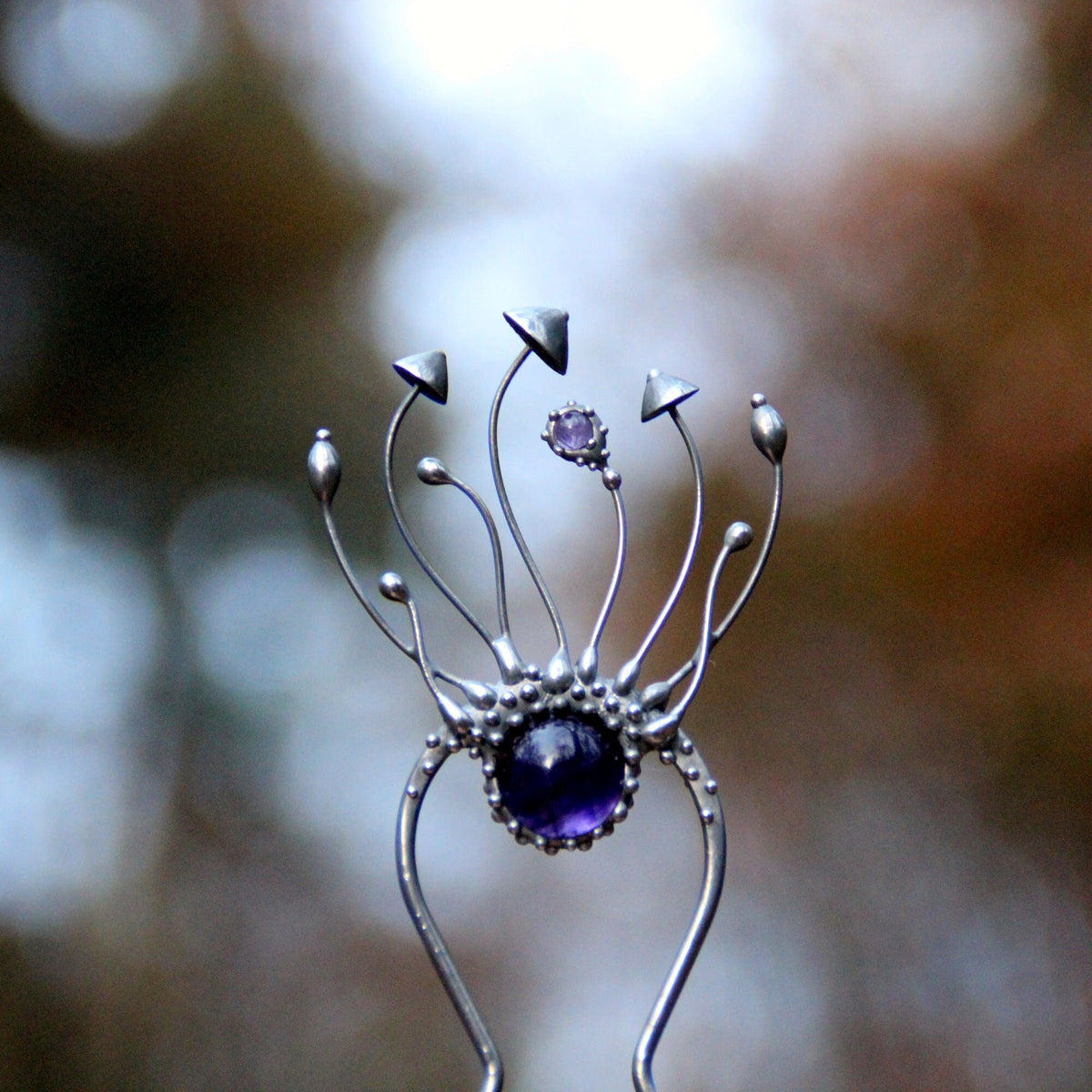Amethyst Mushroom Hair Pin – Silver Tone