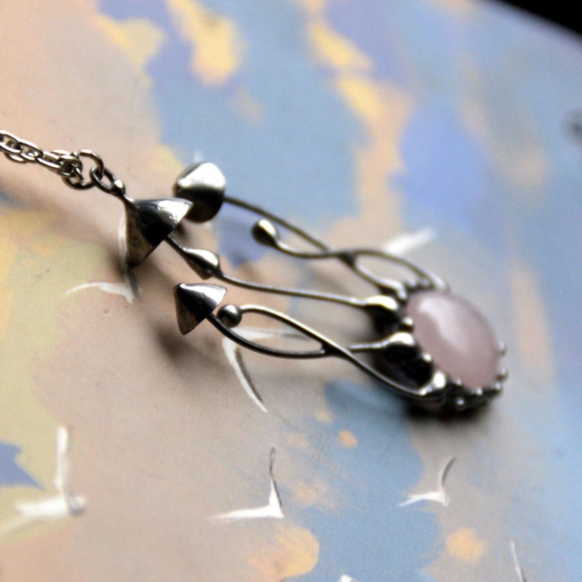 Pink Quartz Mushroom Cluster Necklace – Silver Tone