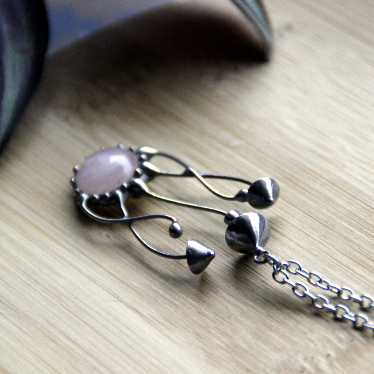 Pink Quartz Mushroom Cluster Necklace – Silver Tone