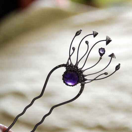 Amethyst Mushroom Hair Pin – Silver Tone