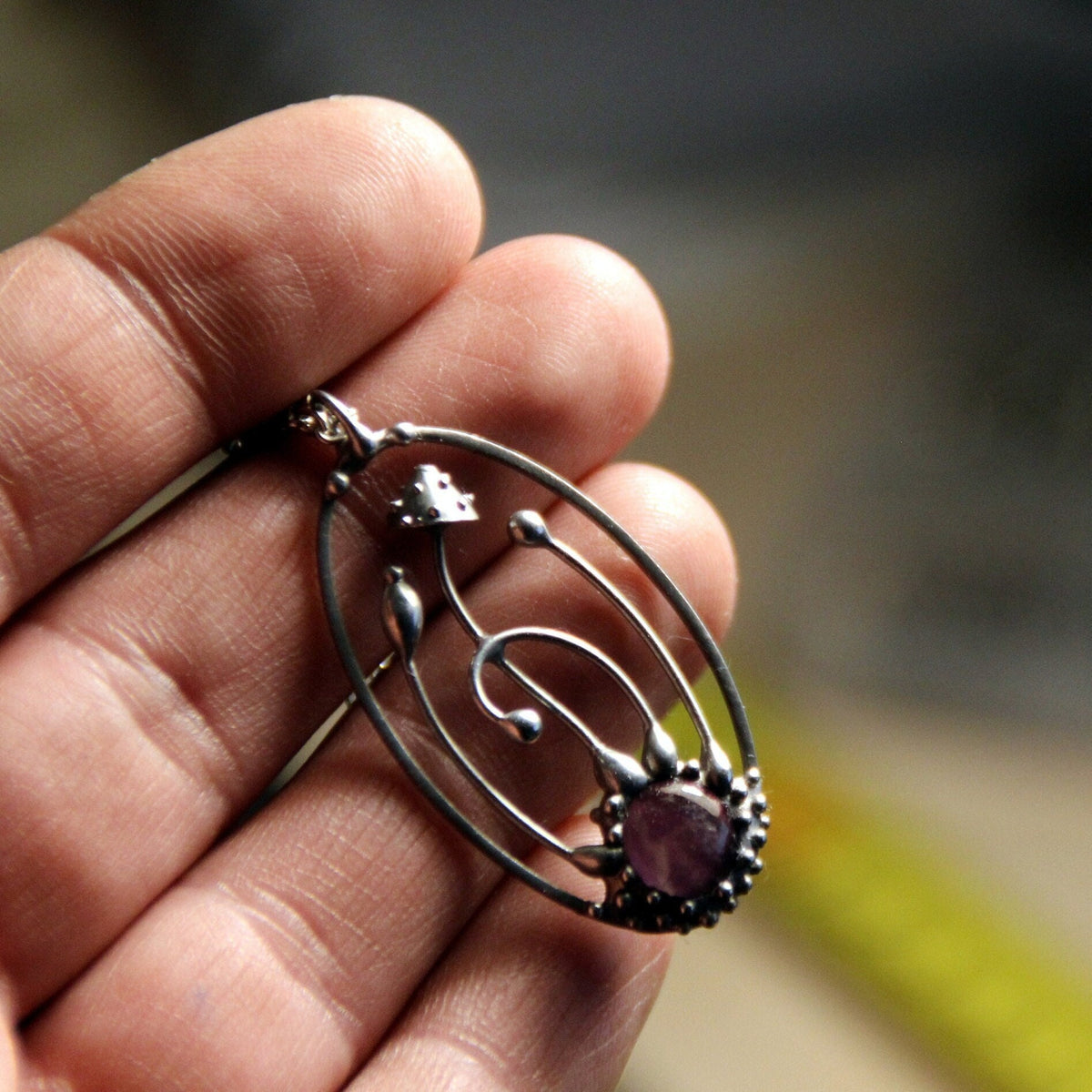 Amethyst Amanita Mushroom Necklace – Silver Tone