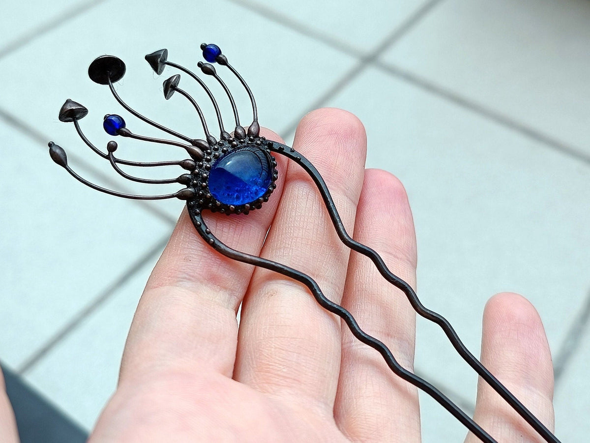Blue Glass Mushroom Hair Pin – Blackened Copper Forest Hair Fork – Witchy Botanical