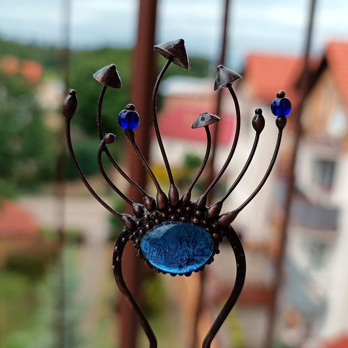 Blue Glass Mushroom Hair Pin – Blackened Copper Forest Hair Fork – Witchy Botanical