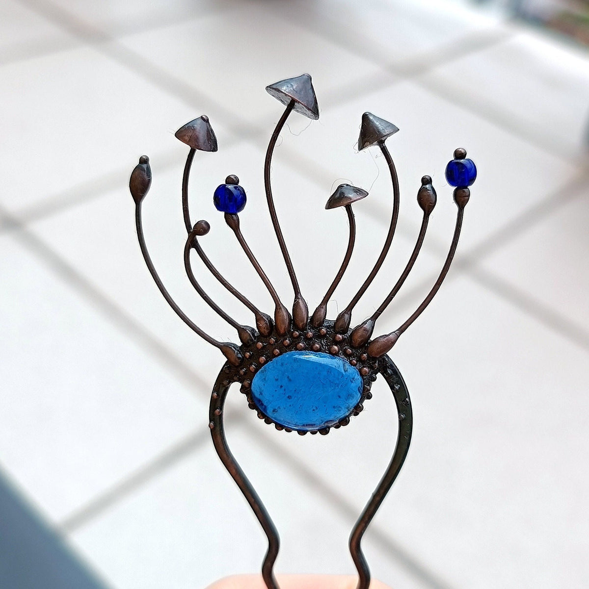 Blue Glass Mushroom Hair Pin – Blackened Copper Forest Hair Fork – Witchy Botanical