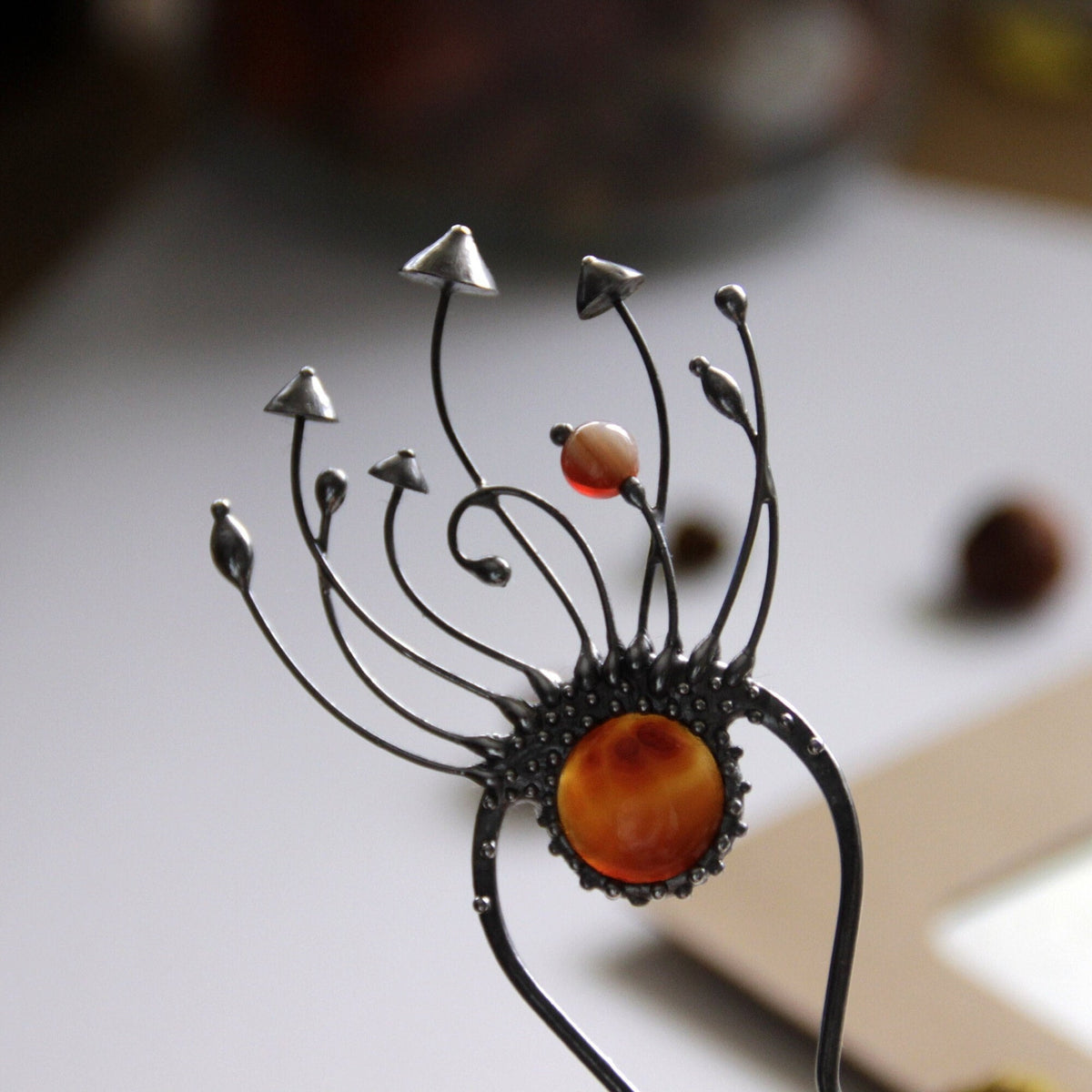 Brown Agate Mushroom Hair Pin – Silver Tone