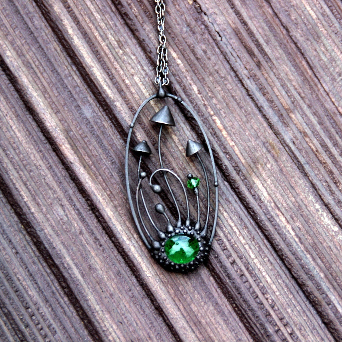 Green Glass Mushroom Necklace – Blackened Copper Oval Forest Pendant – Botanical