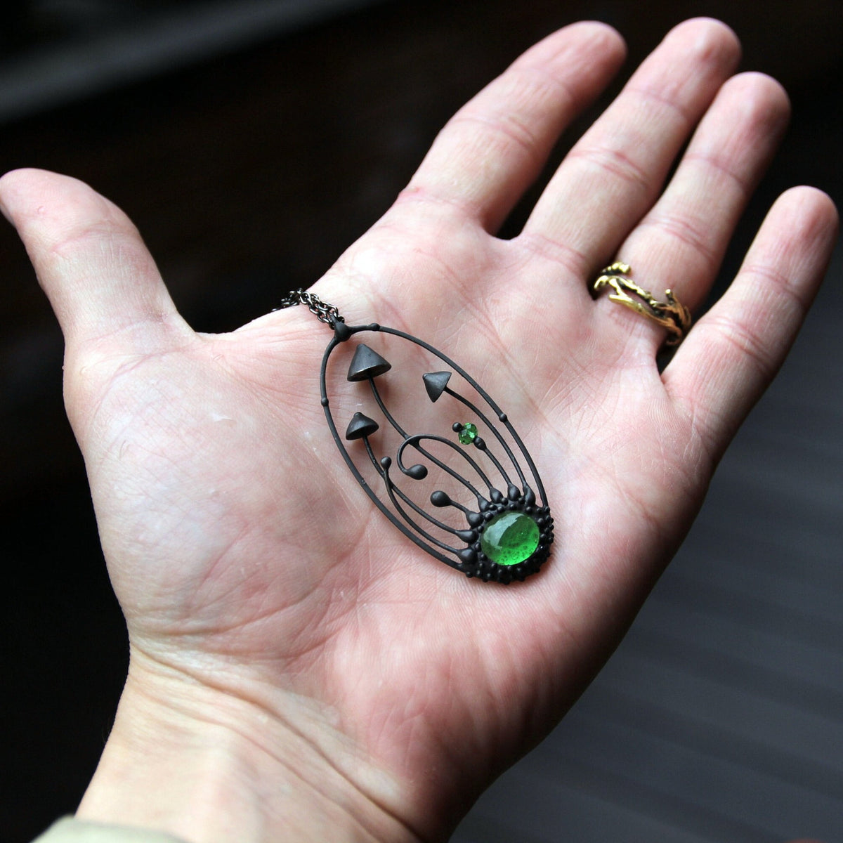 Green Glass Mushroom Necklace – Blackened Copper Oval Forest Pendant – Botanical