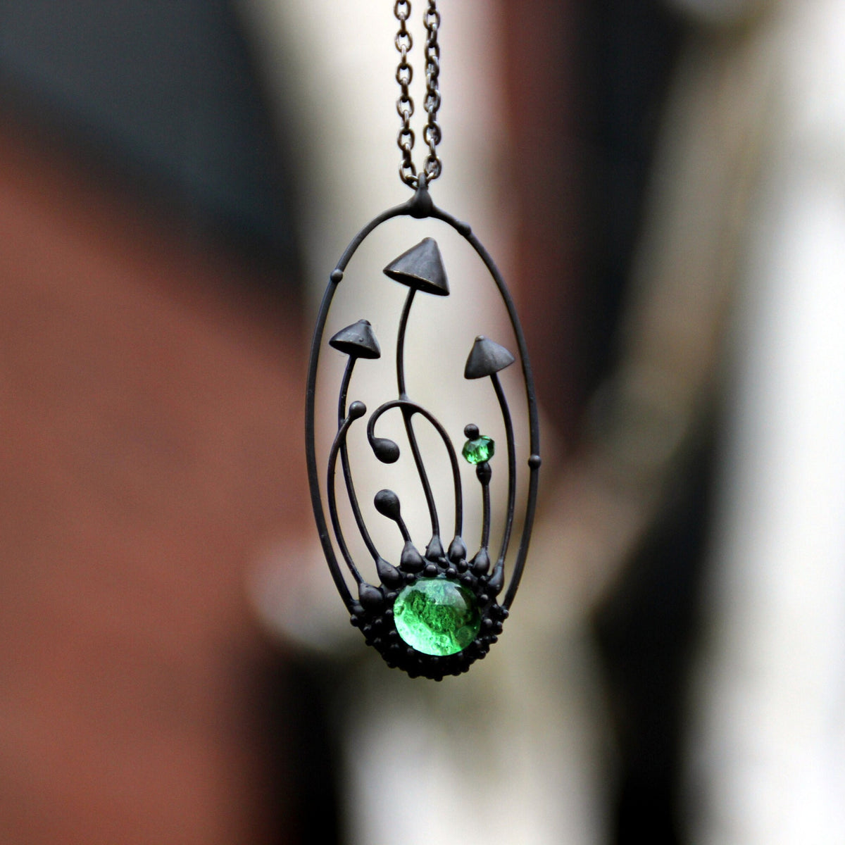 Green Glass Mushroom Necklace – Blackened Copper Oval Forest Pendant – Botanical