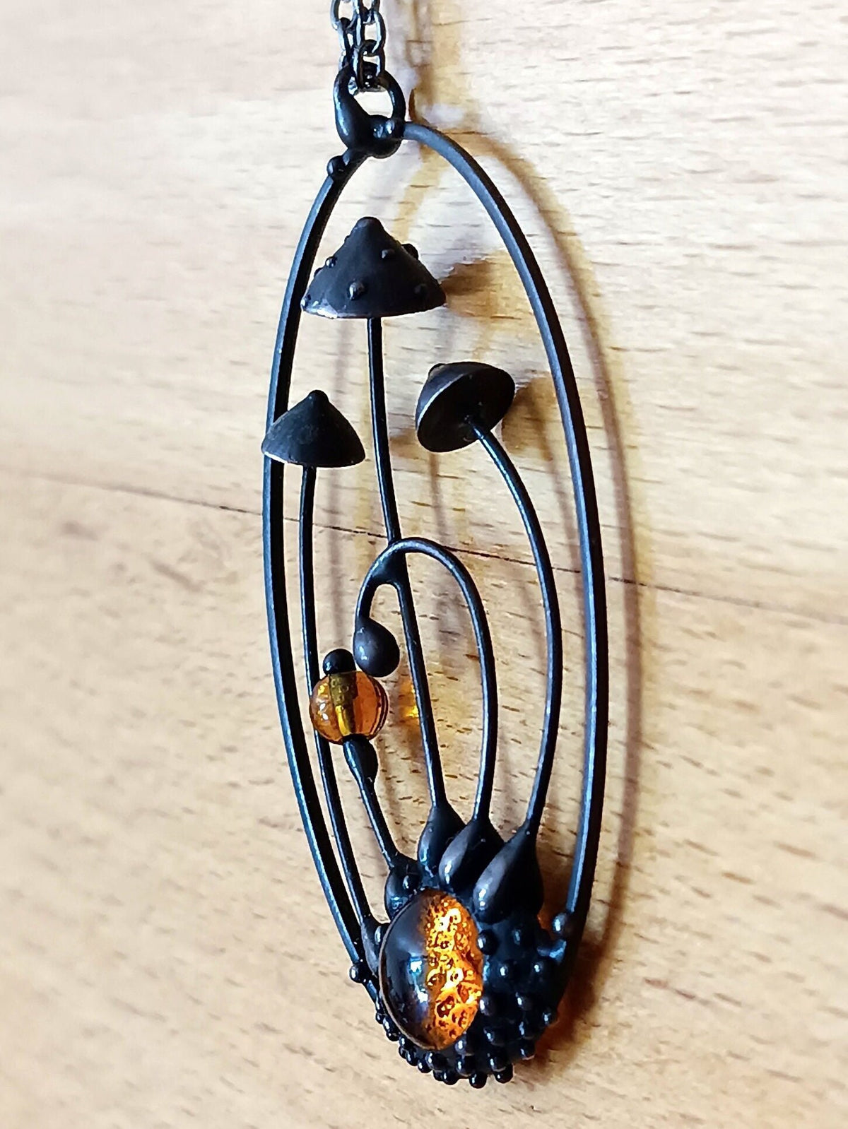 Amanita Mushroom Necklace – Red Orange Glass Pendant – Blackened Copper Oval Forest