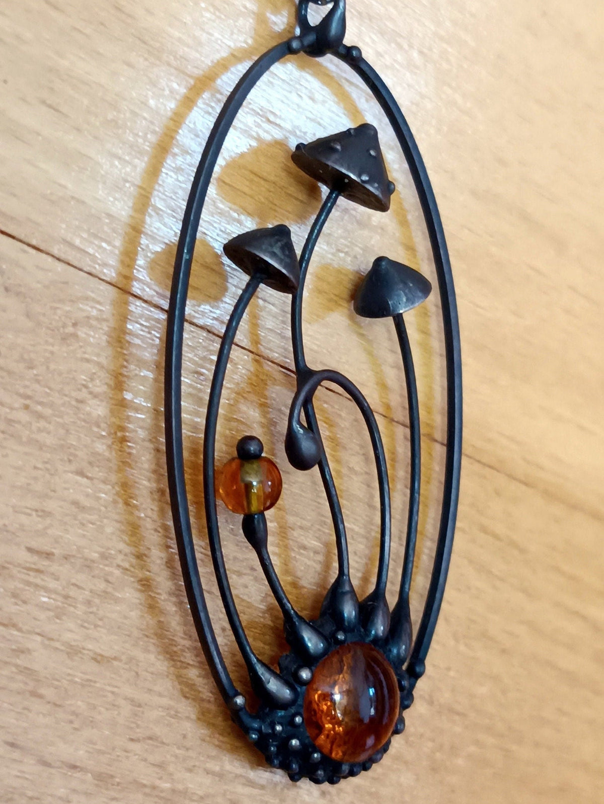 Amanita Mushroom Necklace – Red Orange Glass Pendant – Blackened Copper Oval Forest