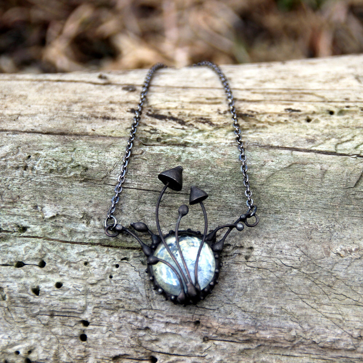 Clear Glass Mushroom Necklace – Blackened Copper & Pewter Forest Pendant – Botanical