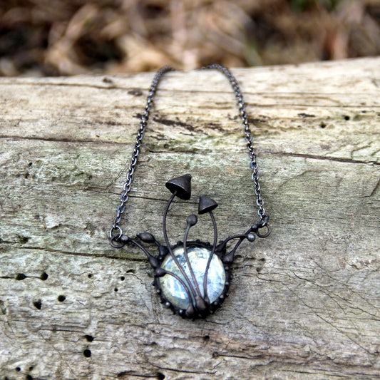 Clear Glass Mushroom Necklace – Blackened Copper & Pewter Forest Pendant – Botanical