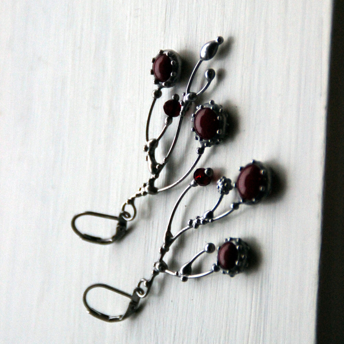 Deep Red Glass Branch Earrings – Silver Tone