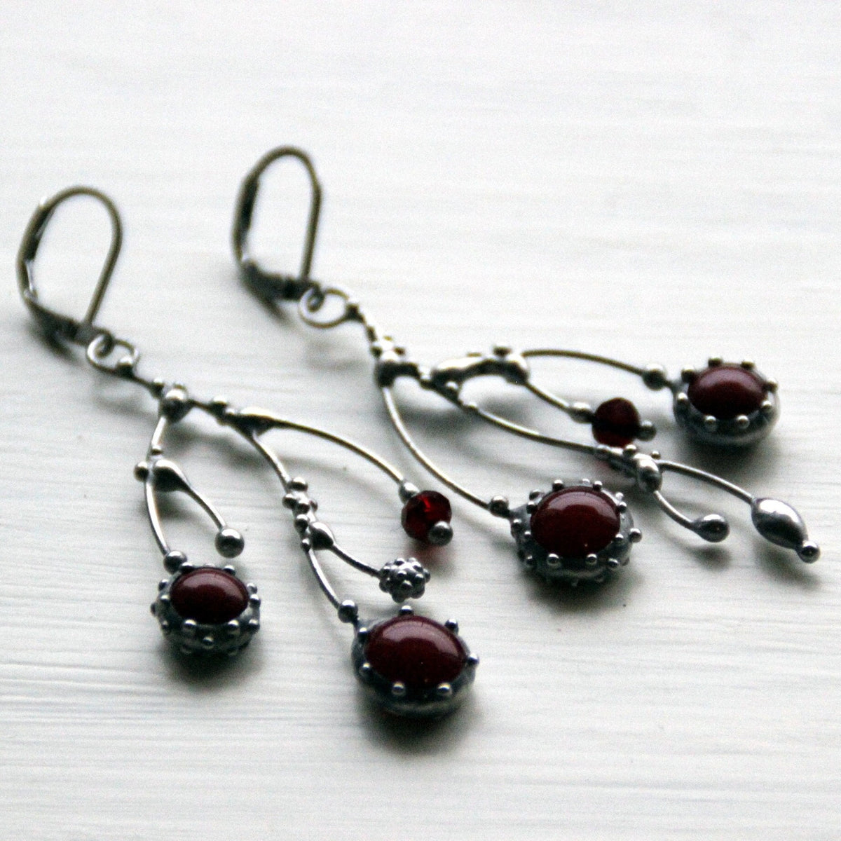 Deep Red Glass Branch Earrings – Silver Tone