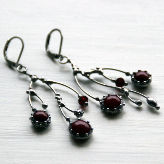 Deep Red Glass Branch Earrings – Silver Tone