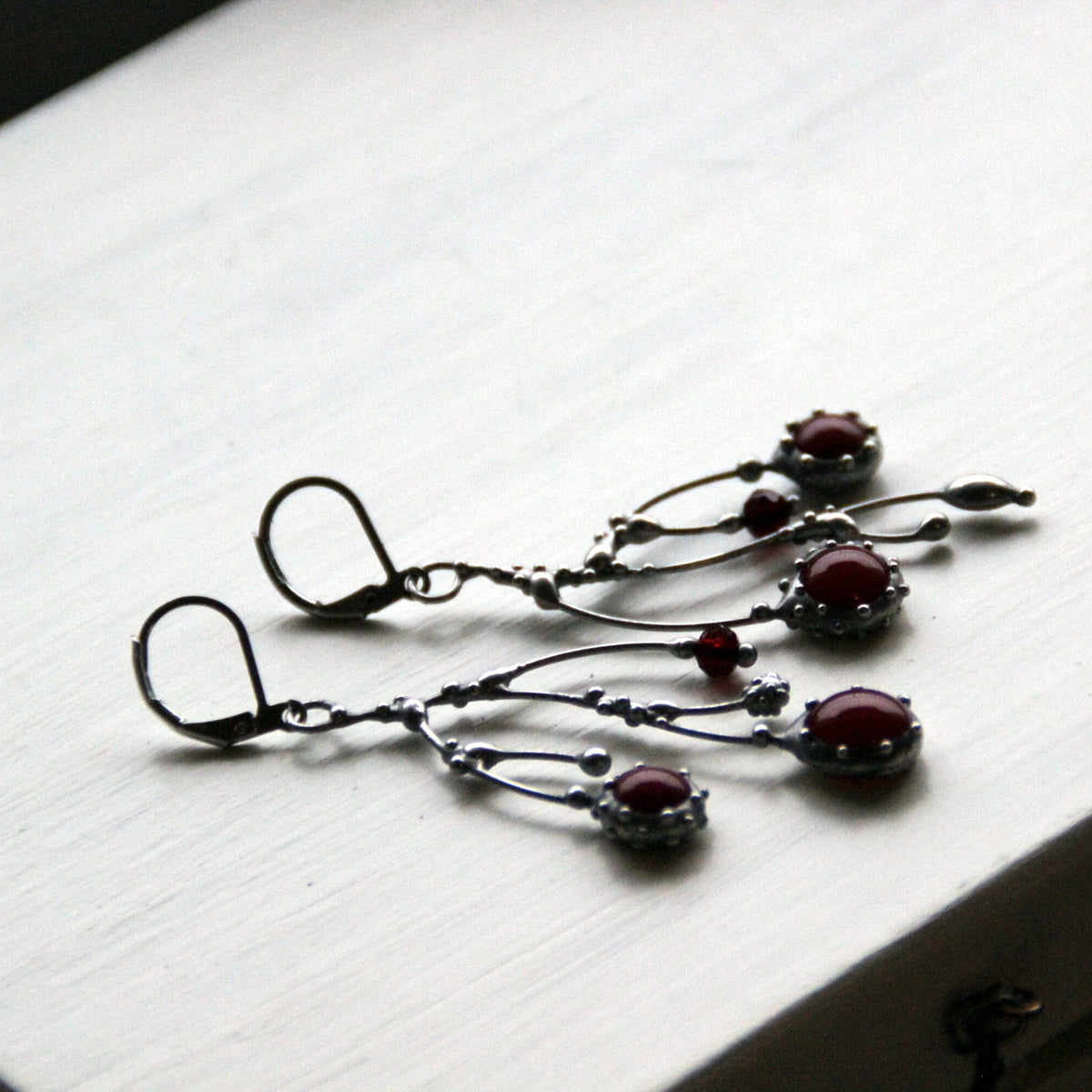 Deep Red Glass Branch Earrings – Silver Tone