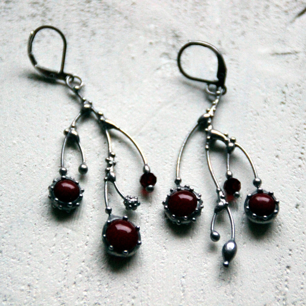 Deep Red Glass Branch Earrings – Silver Tone