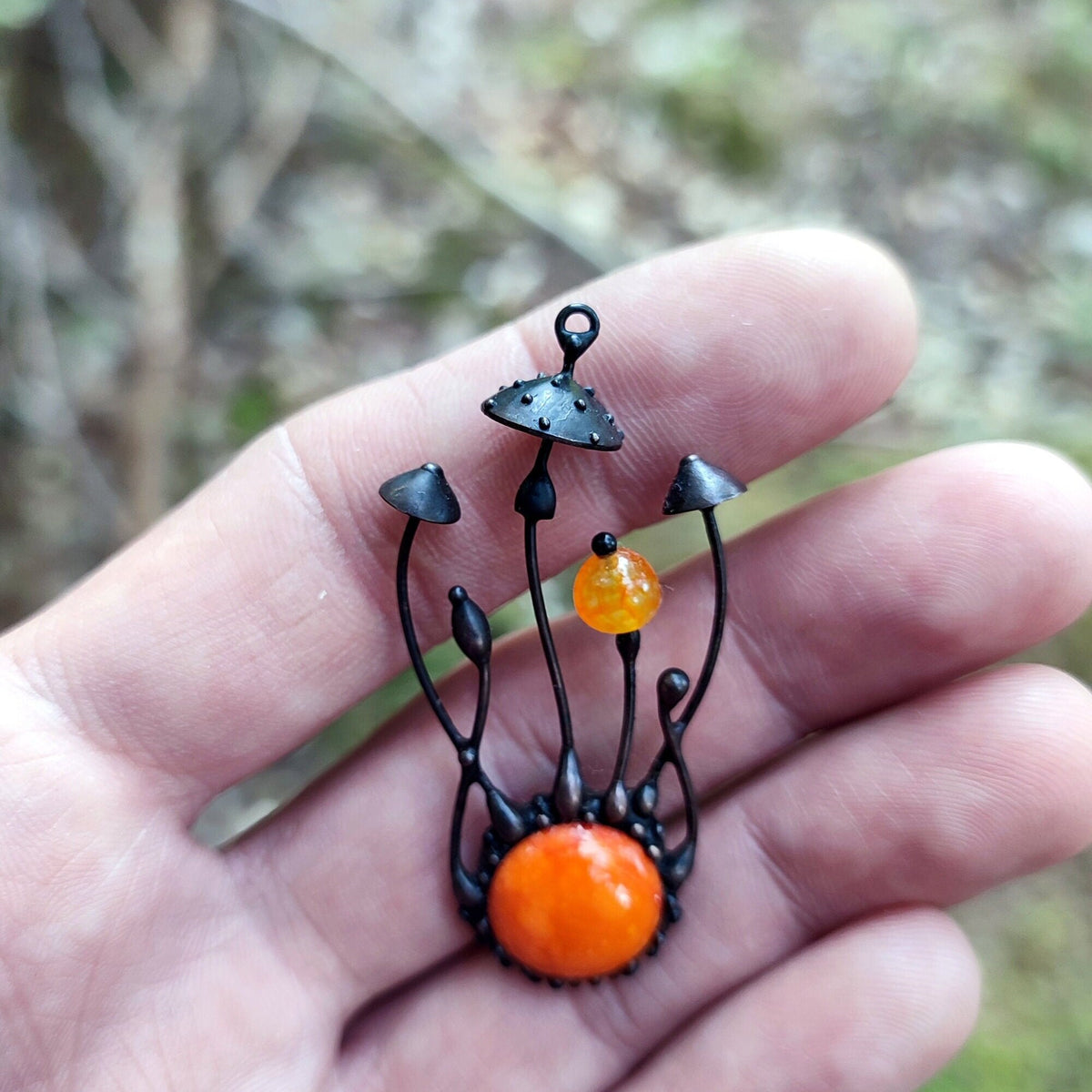 Orange Glass Amanita Mushroom Necklace – Blackened Copper