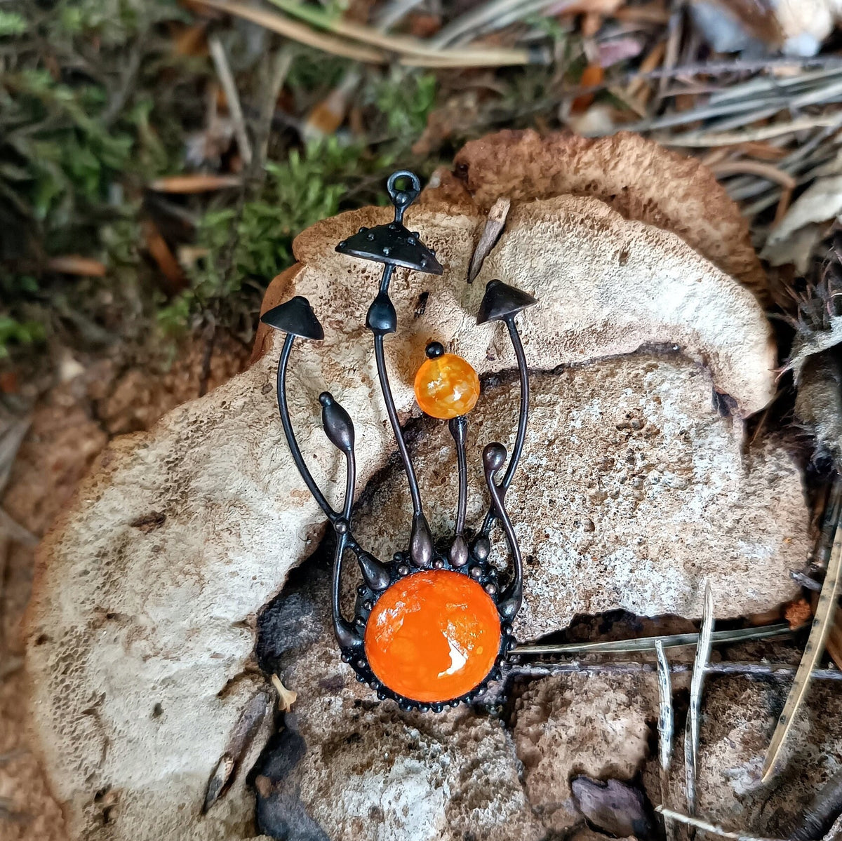 Orange Glass Amanita Mushroom Necklace – Blackened Copper